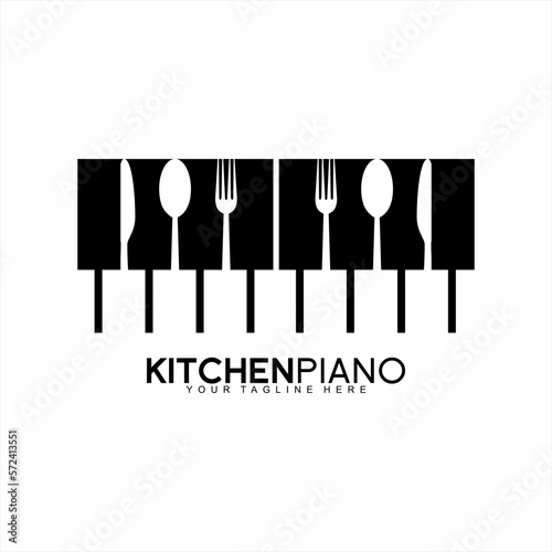 Piano logo design with spoon, fork and knife. Unique piano logo. Music kitchen concept.