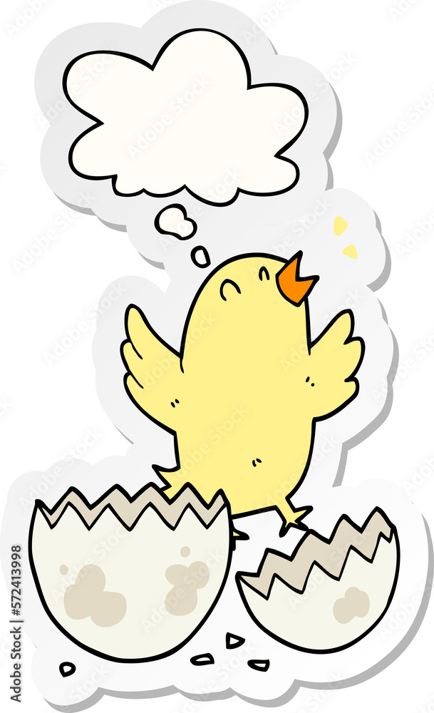 cartoon bird hatching from egg and thought bubble as a printed sticker cartoon bird hatching from egg and thought bubble as a printed sticker