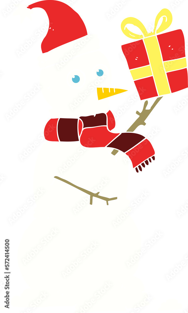 flat color illustration of a cartoon snowman holding present flat color illustration of a cartoon snowman holding present