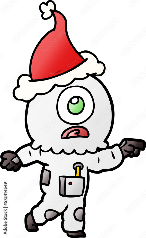 gradient cartoon of a cyclops alien spaceman pointing wearing santa hat