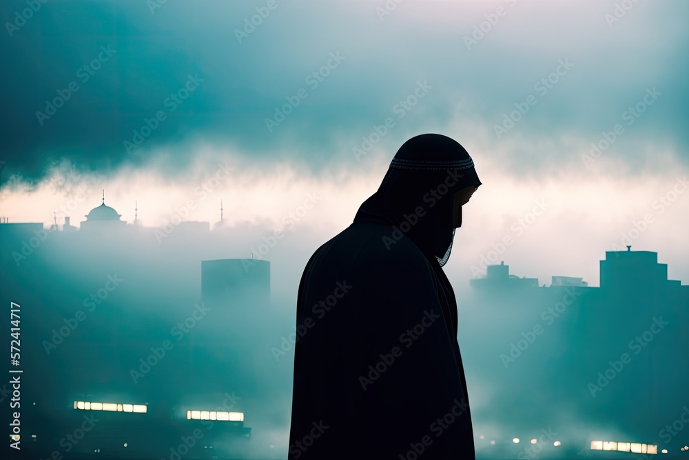 Fototapeta premium Muslim praying in a mystical environment, silhouette photo, no face visible, generative ai, color grading, islam religion concept photo