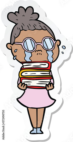 sticker of a cartoon crying woman wearing spectacles