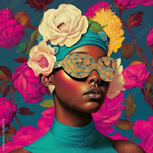 Love, beautiful woman portrait in vivid, fresh, Spring, flowers, retro, vintage costume of Spring. Colorful rustic background. Generative AI.