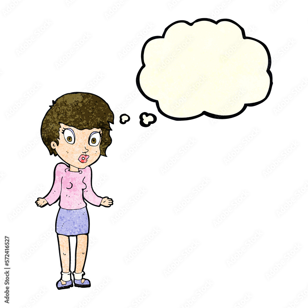 cartoon woman shrugging shoulders with thought bubble cartoon woman shrugging shoulders with thought bubble
