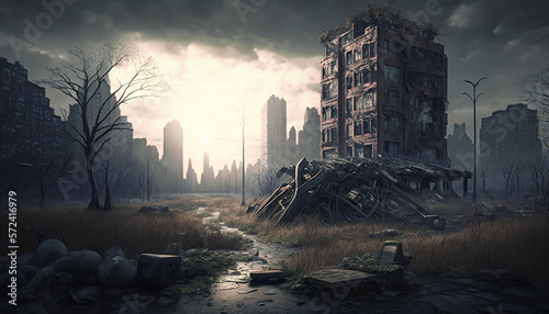 Apocalyptic landscape , post apocalypse city , dystopia , fallout, destroyed town , AI 