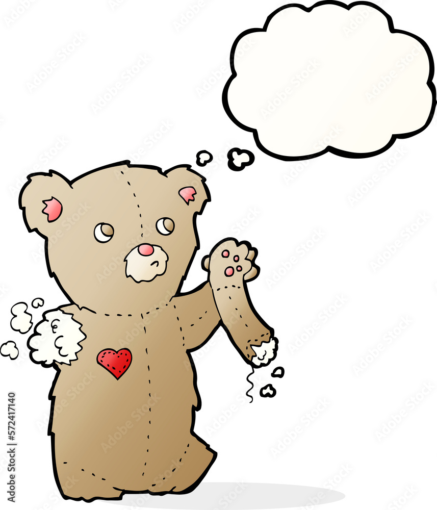 cartoon teddy bear with torn arm with thought bubble