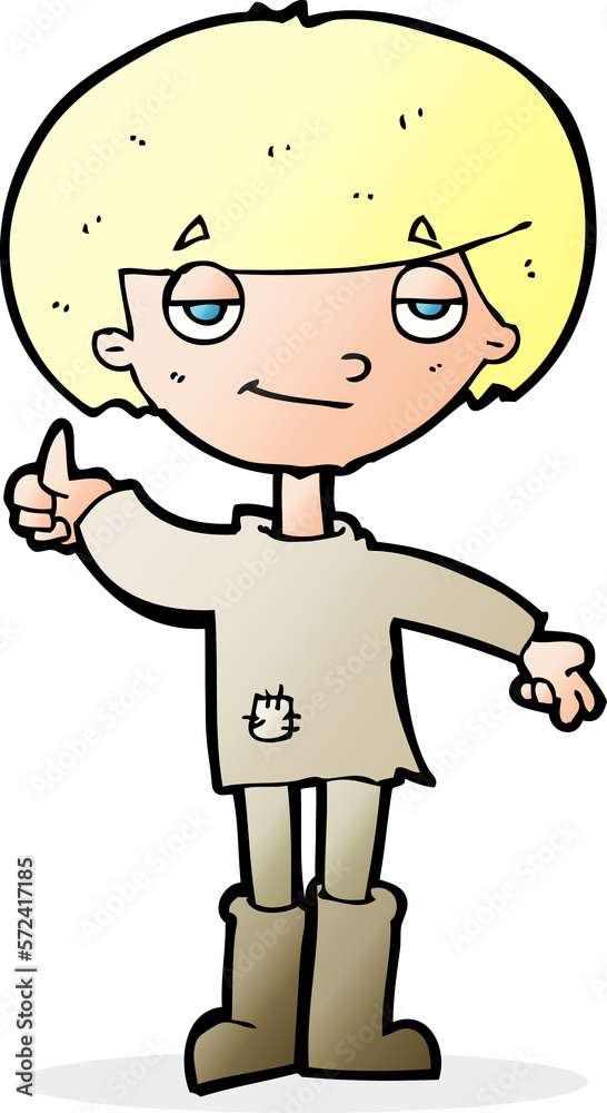 cartoon boy in poor clothing giving thumbs up symbol cartoon boy in poor clothing giving thumbs up symbol