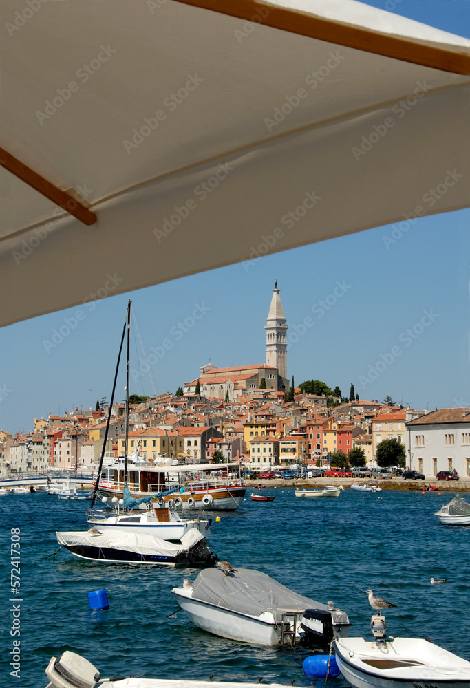 Colorful Rovinj in Istria with boats in the port, Croatia