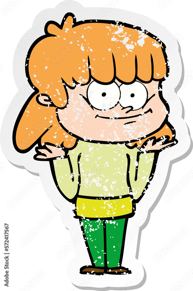 distressed sticker of a cartoon smiling woman distressed sticker of a cartoon smiling woman