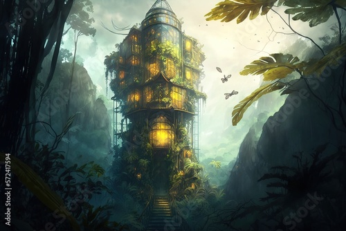 Glass elevator in a fantastic forest. AI.