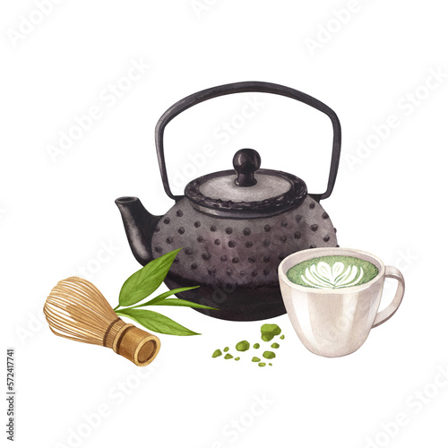 Watercolor group organic green Japanese matcha latte in cup, black teapot and whisk, dry leaves. Hand drawn illustration isolated on white background. Drink for food menu, cafe, cooking, design