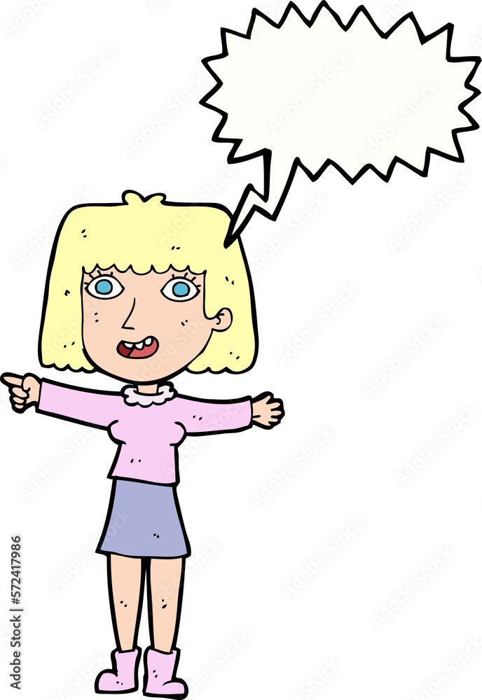 cartoon happy woman pointing with speech bubble cartoon happy woman pointing with speech bubble