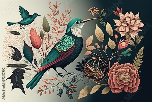 Illustration of flowers, leaves, birds, plants, fantasy vintage, for greeting cards. AI