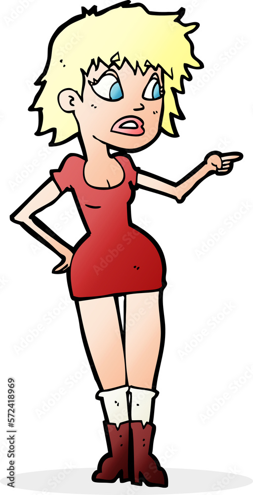 cartoon worried woman in dress pointing