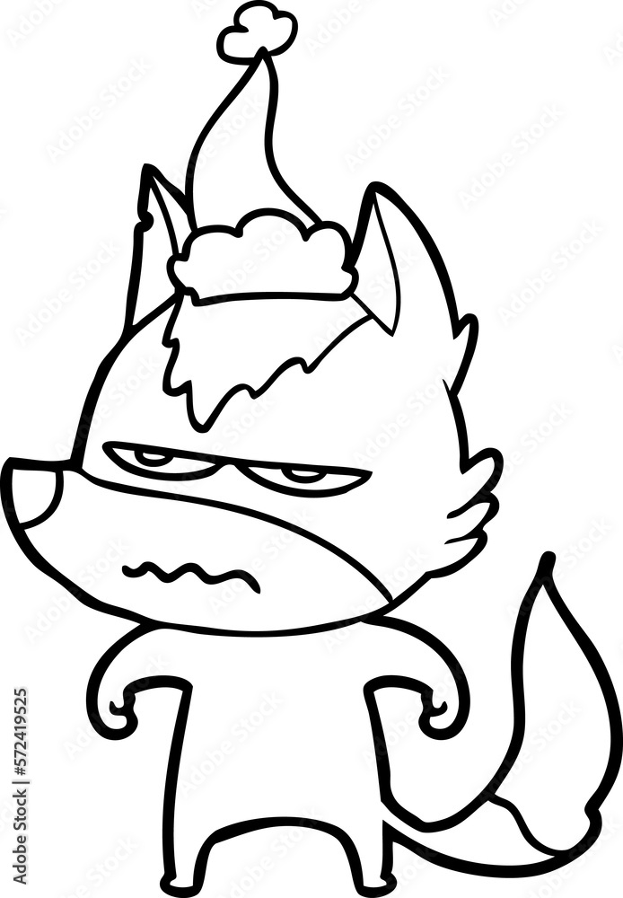 line drawing of a annoyed wolf wearing santa hat line drawing of a annoyed wolf wearing santa hat