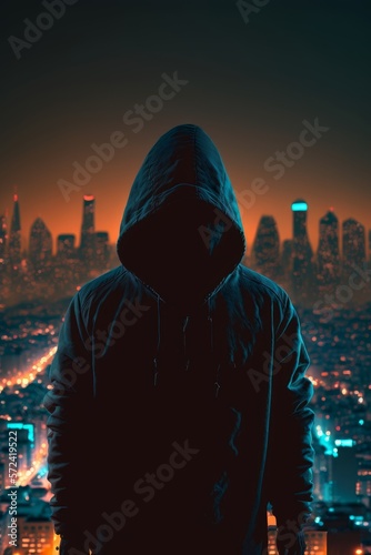 A man in a hooded suit standing amidst a cityscape at night.