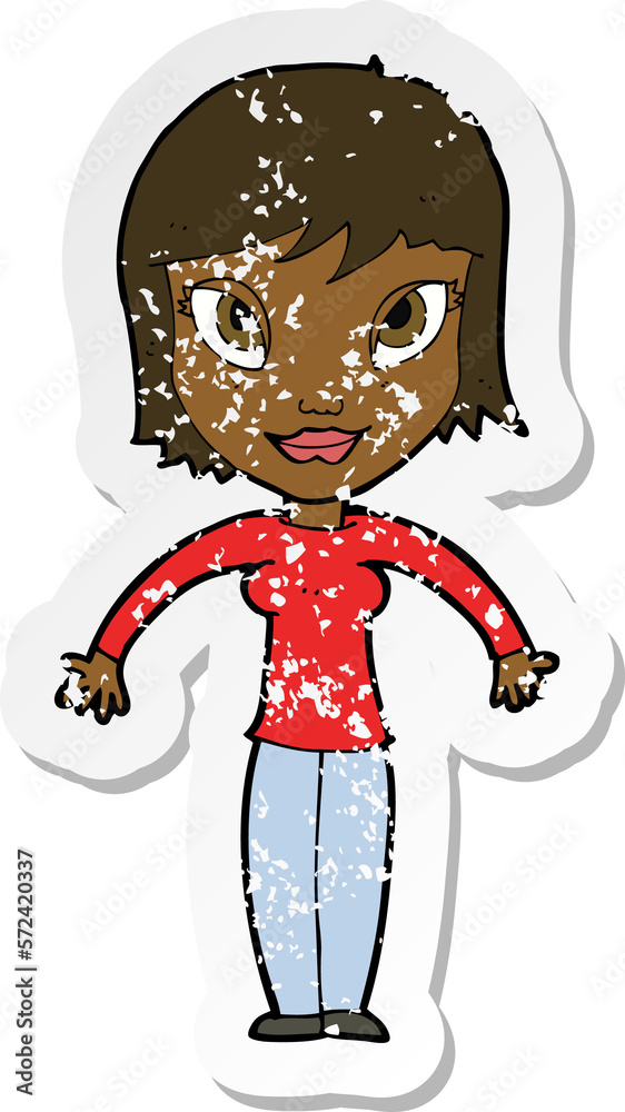 retro distressed sticker of a cartoon woman shrugging shoulders retro distressed sticker of a cartoon woman shrugging shoulders