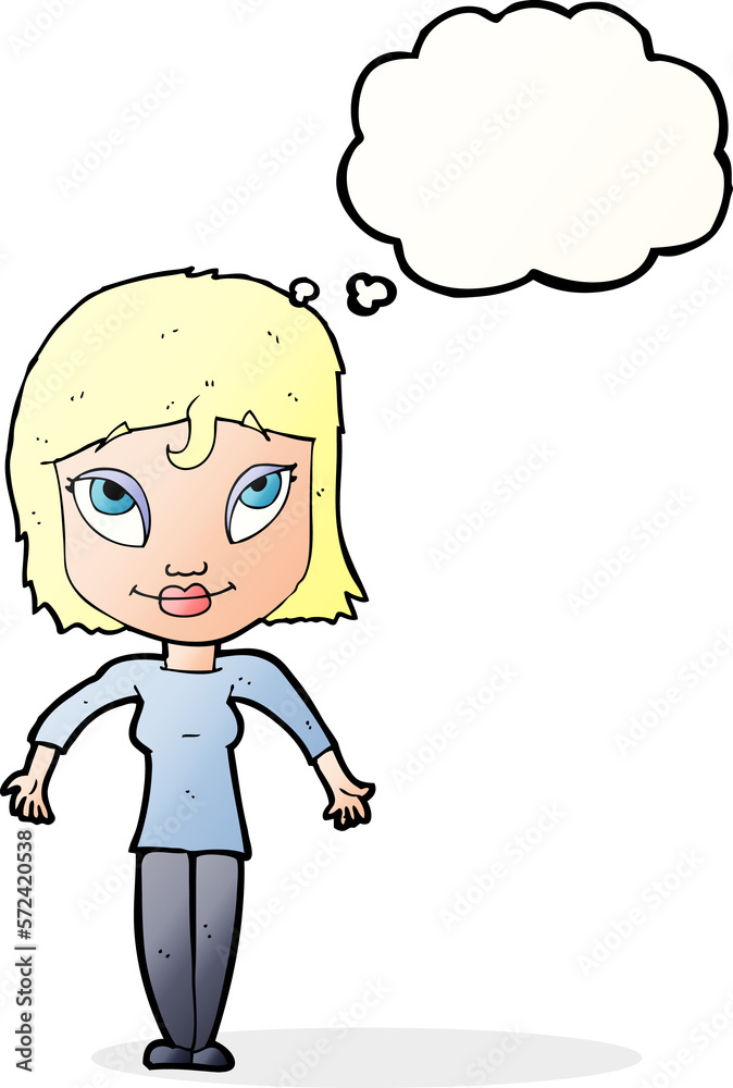 cartoon girl shrugging shoulders with thought bubble