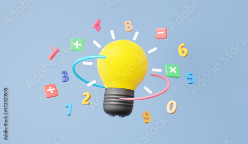 Yellow light bulb with idea invention symbols math, plus, minus, multiplication, arithmetic game learn counting number concept. floating on sky blue background. finance education. 3d rendering photo