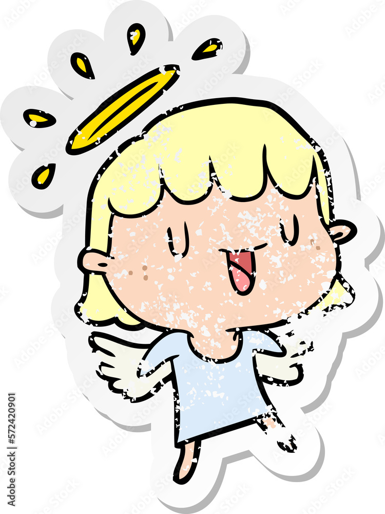 distressed sticker of a cartoon angel distressed sticker of a cartoon angel