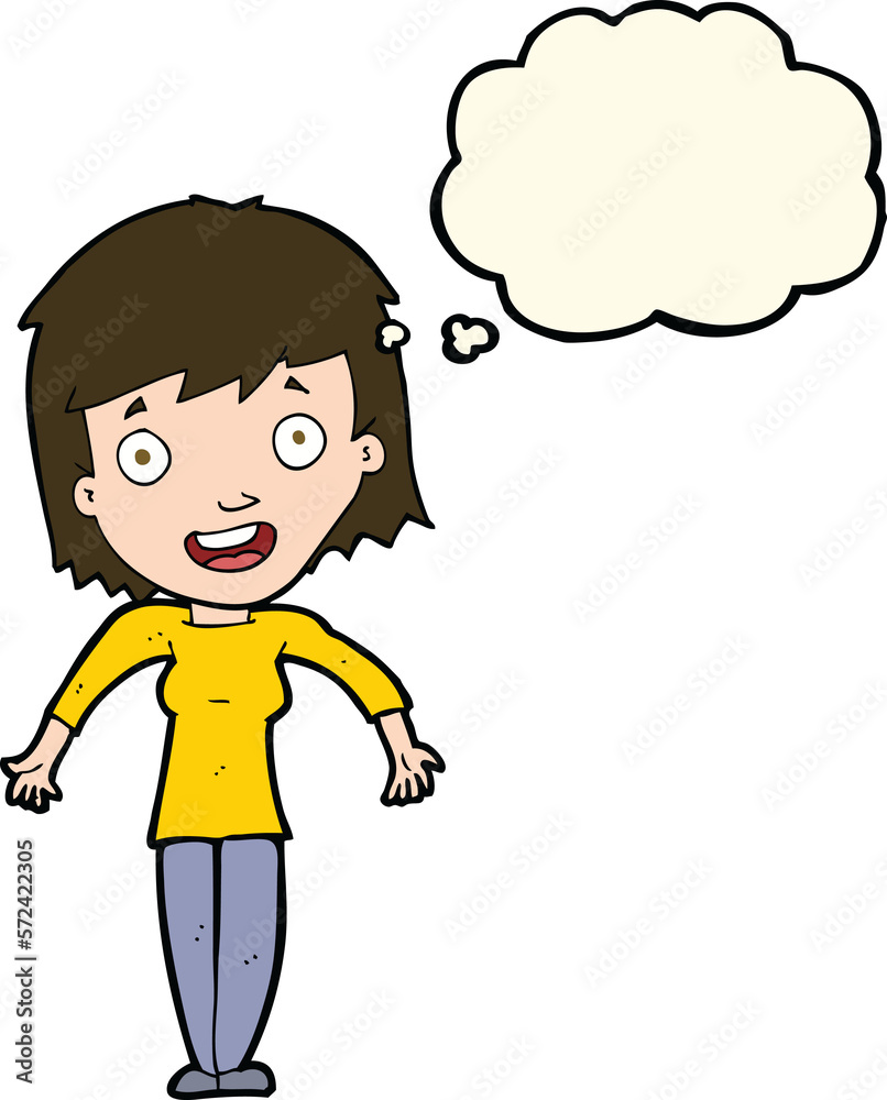 cartoon woman shrugging shoulders with thought bubble cartoon woman shrugging shoulders with thought bubble