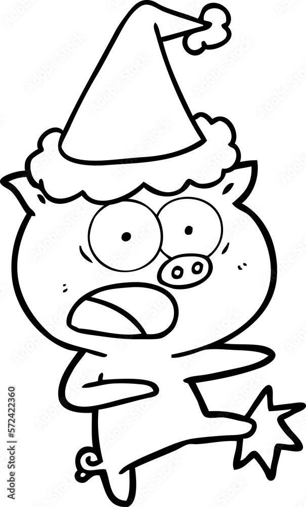 Fototapeta premium line drawing of a pig shouting and kicking wearing santa hat