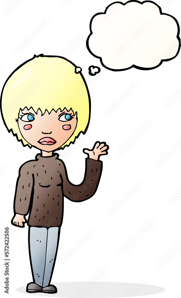 cartoon woman waving with thought bubble cartoon woman waving with thought bubble
