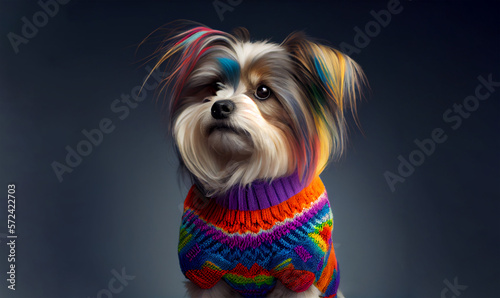 Cute dog in a colorful dog sweater. AI generated