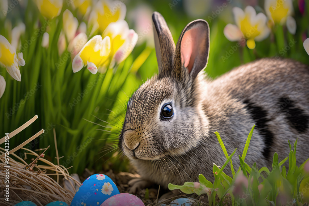 Easter bunny and easter eggs. Generative AI