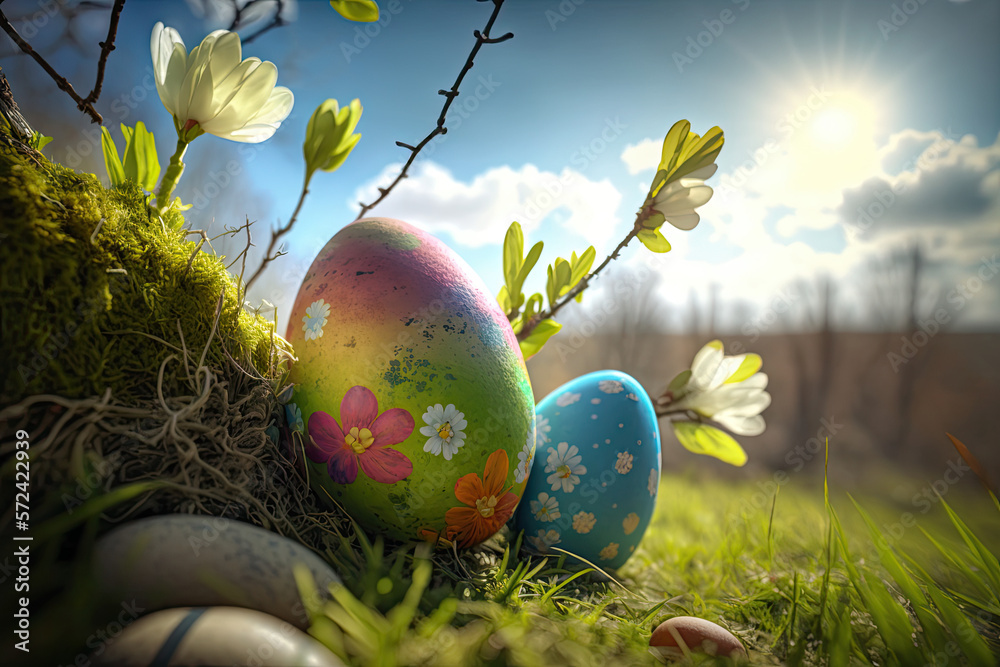 Easter eggs in grass. Generative AI