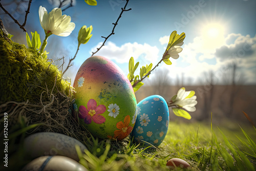 Obraz na płótnie Easter eggs in grass. Generative AI w salonie