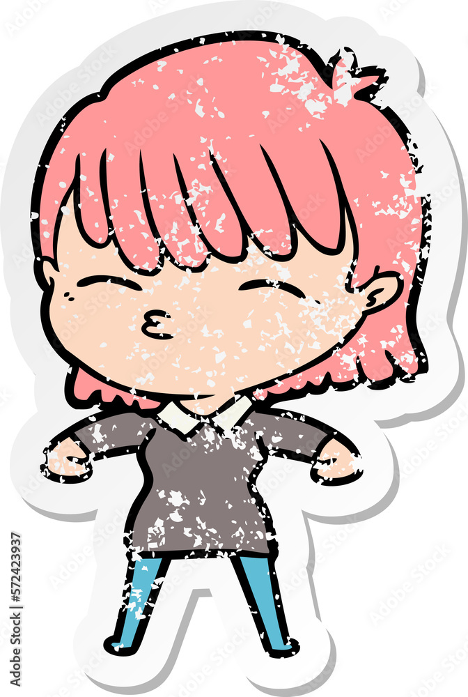 distressed sticker of a cartoon woman distressed sticker of a cartoon woman