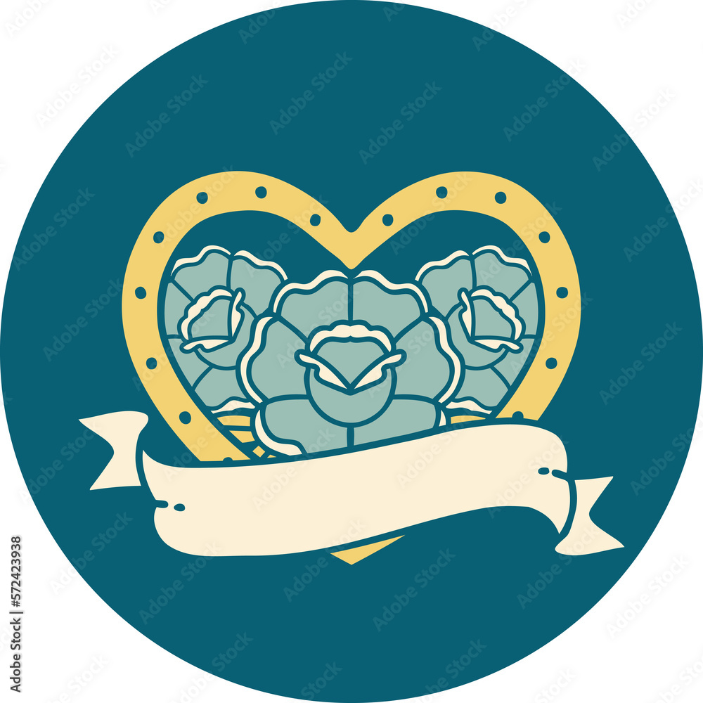 Fototapeta premium tattoo style icon of a heart and banner with flowers