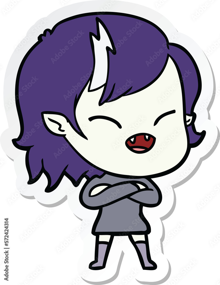 sticker of a cartoon laughing vampire girl with crossed arms sticker of a cartoon laughing vampire girl with crossed arms
