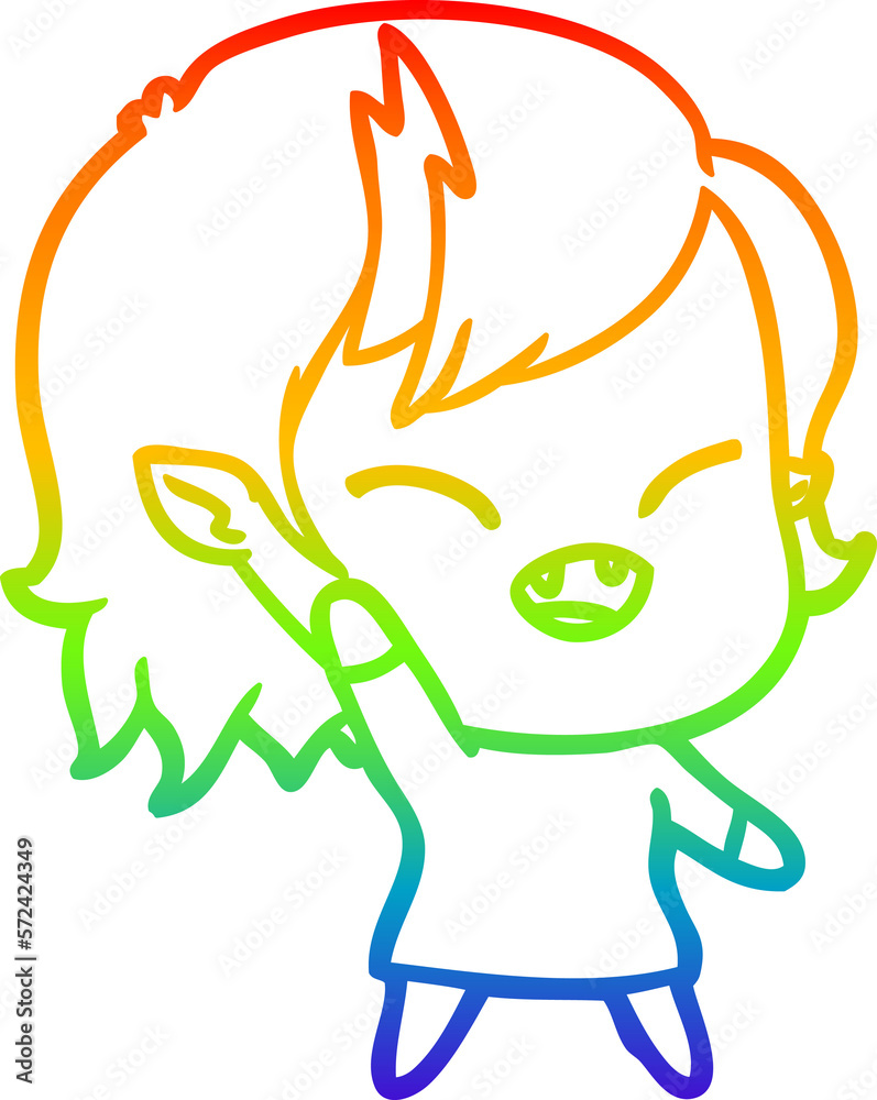 Obraz premium rainbow gradient line drawing cartoon laughing vampire girl waving