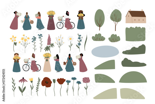 wildflower woman illustration clipart, vector cottagecore landscape clip art, png ai svg girl images in flat cartoon style, daisy, columbine, cosmos, forget me not, lupine, phlox
