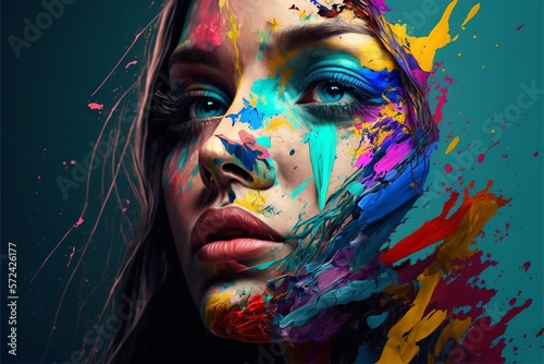 Junge h  bsche Frau mit buntem Make-Up und Festival Farbpulver im Gesicht  ai generativ