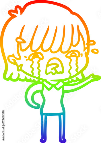 rainbow gradient line drawing cartoon girl crying