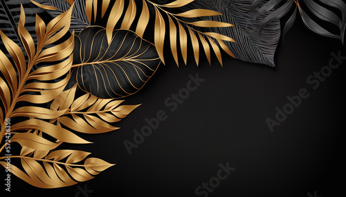 Luxury floral background with golden and black palm, monstera leaves on black background with empty space for text.