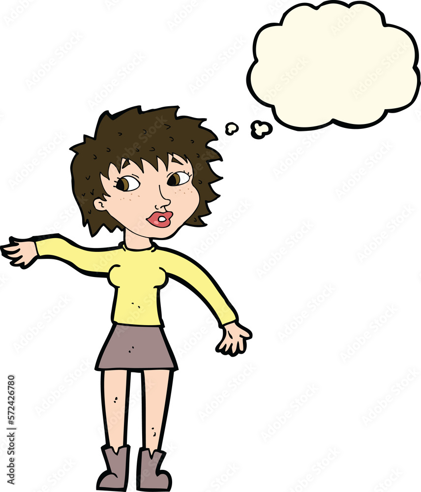 cartoon friendly woman waving with thought bubble cartoon friendly woman waving with thought bubble