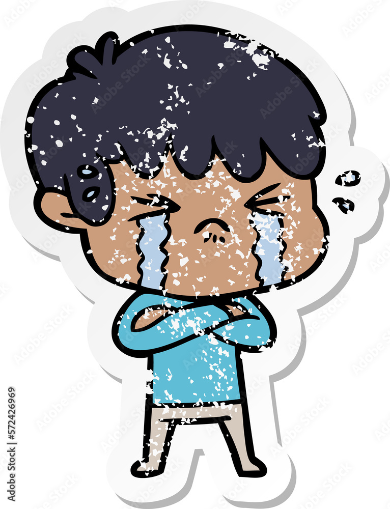 distressed sticker of a cartoon boy crying distressed sticker of a cartoon boy crying