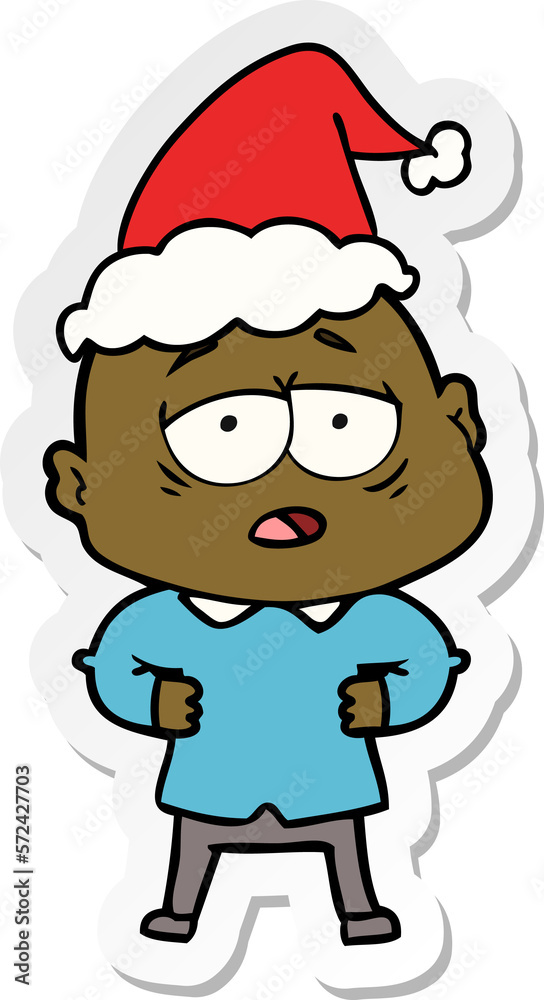 sticker cartoon of a tired bald man wearing santa hat sticker cartoon of a tired bald man wearing santa hat