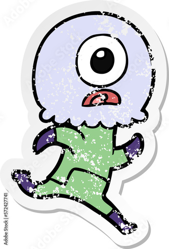 distressed sticker of a cartoon cyclops alien spaceman running