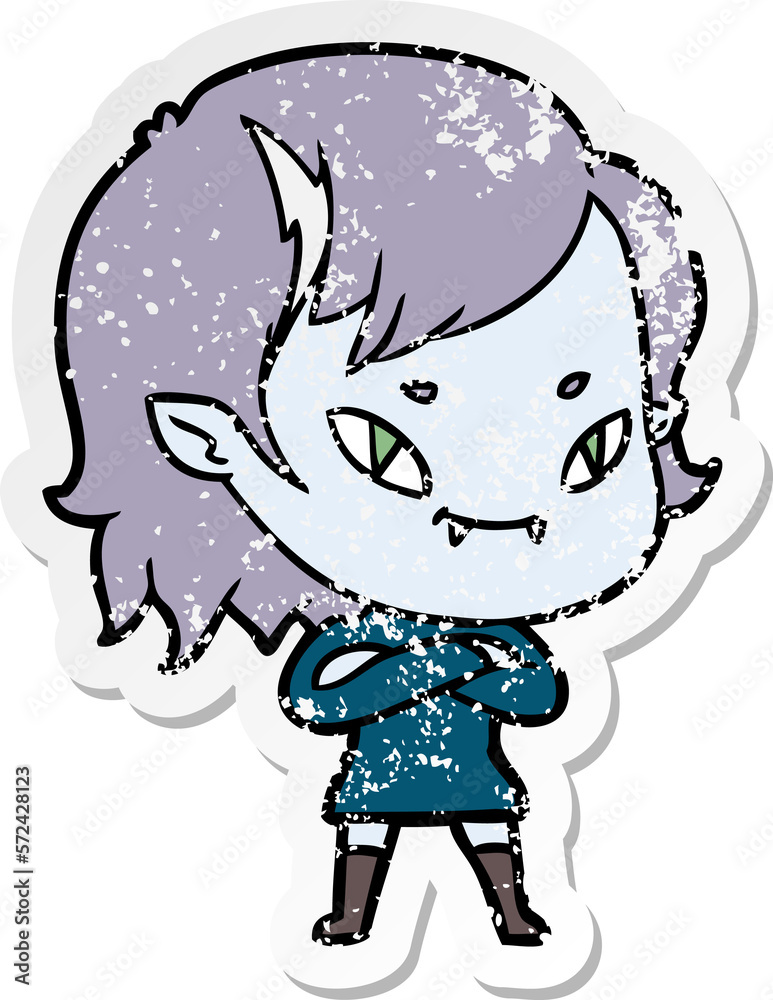 distressed sticker of a cartoon friendly vampire girl distressed sticker of a cartoon friendly vampire girl