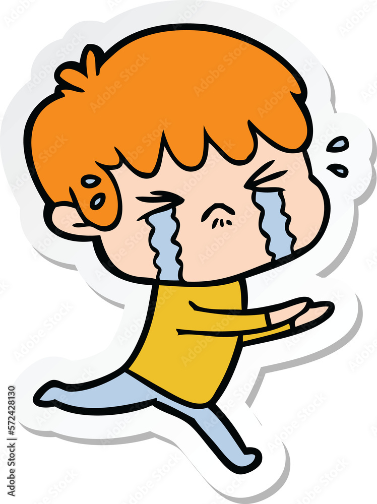 sticker of a cartoon boy crying