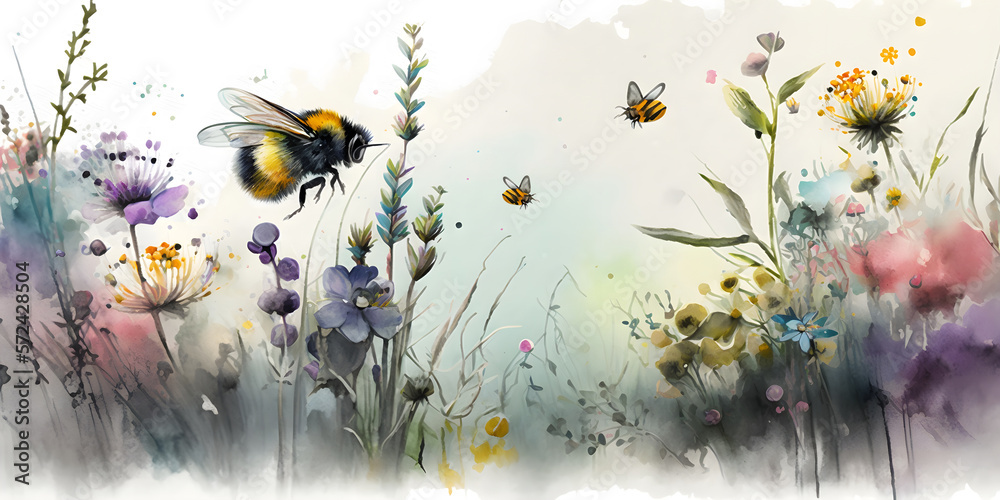 watercolor bees in prairies. generative ai