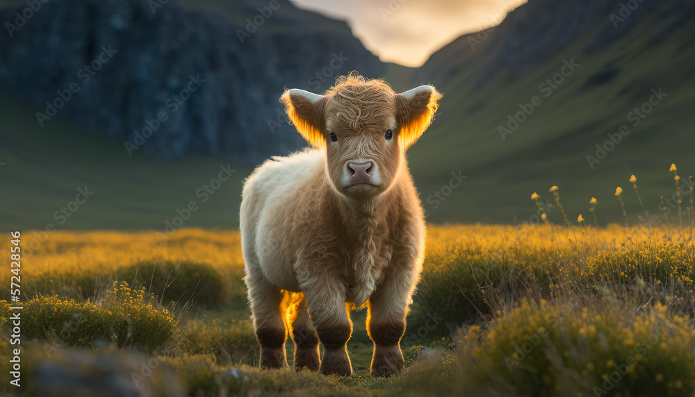 A cute highland cow calf in an open meadow at sunset created with ...