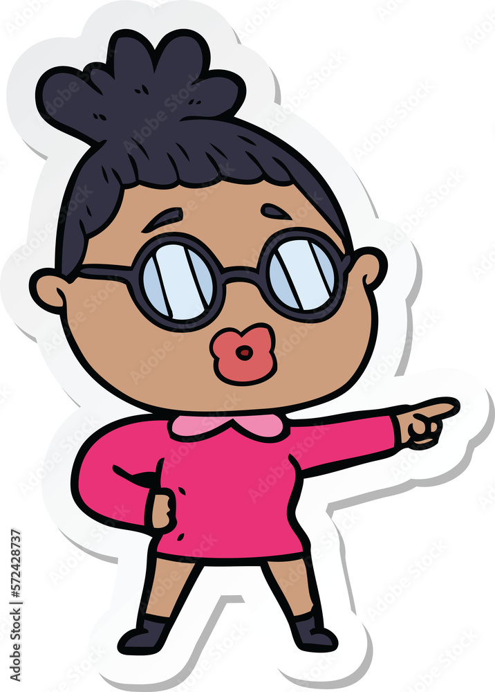 sticker of a cartoon pointing woman wearing spectacles