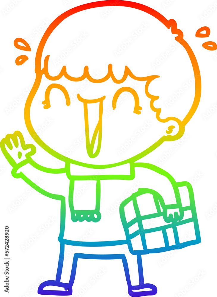 rainbow gradient line drawing laughing cartoon man with present rainbow gradient line drawing laughing cartoon man with present