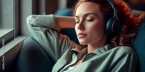 Young woman in headphones listening to podcast or music, sitting on a soft cozy sofa in a comfortable environment. AI.